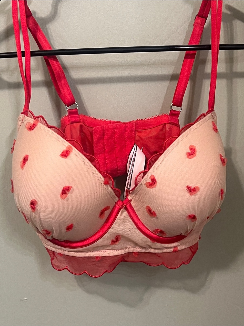 Victoria's Secret Dream Angels Pink and Red Heart Appliqué Longline Bra